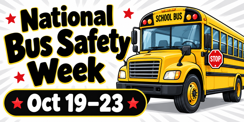 National Bus Safety Week, Oct 19–23, with an illustrated yellow school bus and red stars